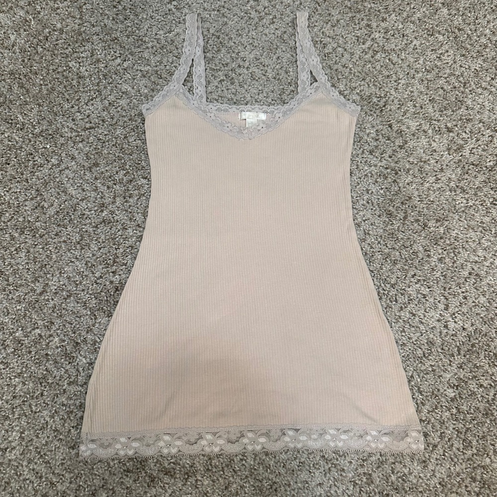 Ambiance Apparel Womens Medium Tan Camisole Preowned Lace Trim Ribbed Tank Top